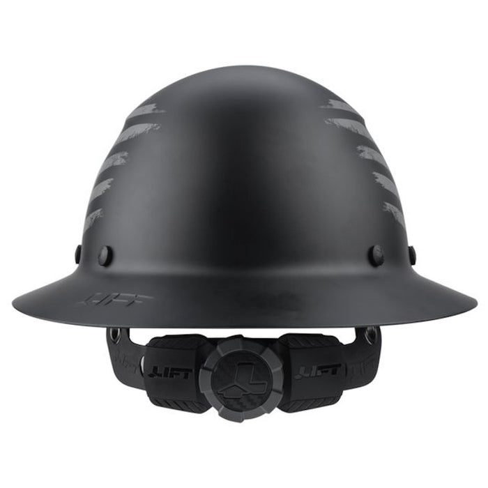 matte black DAX Patriot hard hat close-up of fiber reinforced resin shell and brim