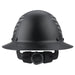 matte black DAX Patriot hard hat close-up of fiber reinforced resin shell and brim