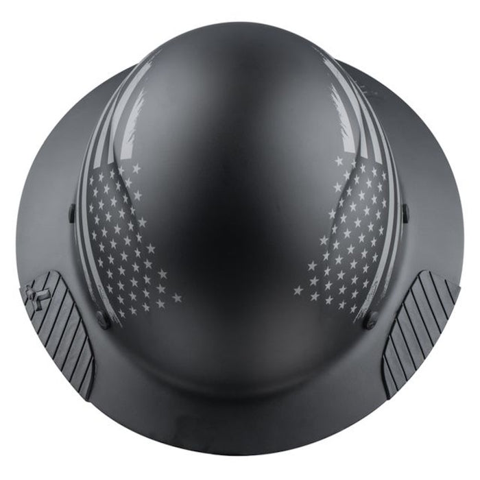 top and side view of black DAX Patriot full brim hard hat with comfort dome interior