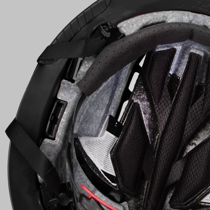 Inside liner of Lift Safety Radix helmet with comfort pads, suspension, and chin strap