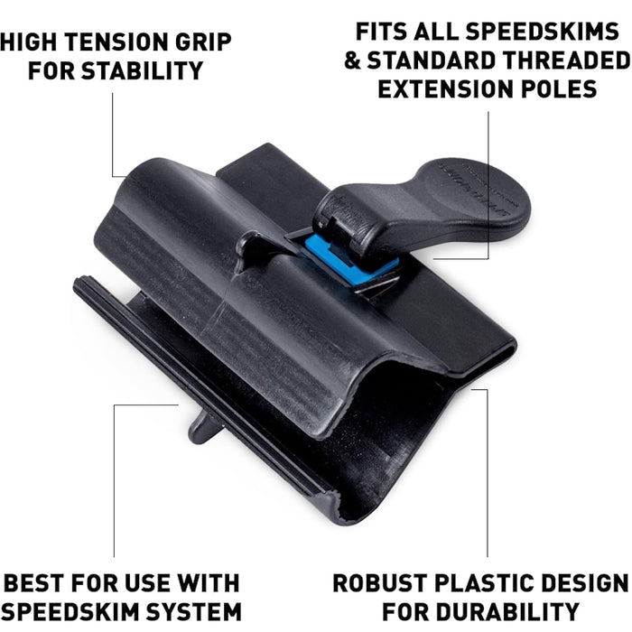 Graphic: universal attachment fits SpeedSkim and standard threaded poles, robust construction, ergonomic design