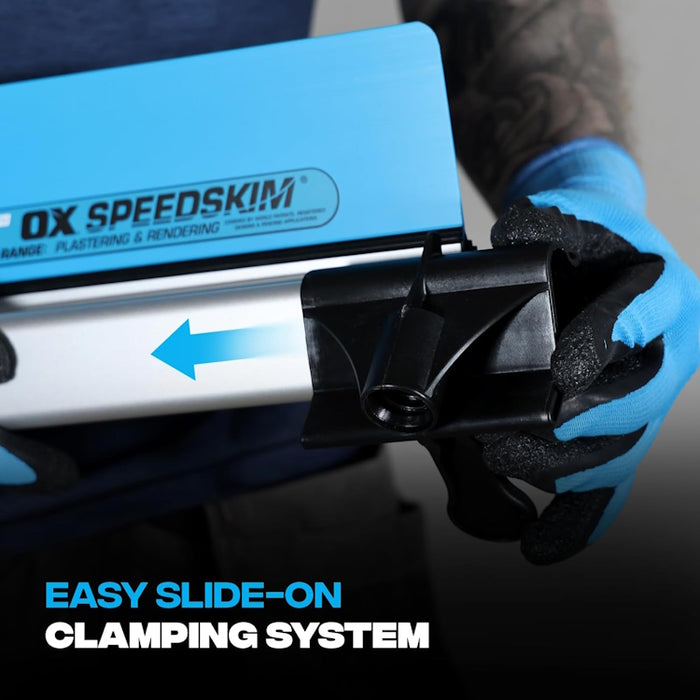 Easy-slide clamping system showing QuickSkim attachment sliding onto SpeedSkim blade for universal fit