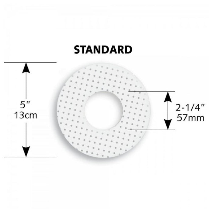 Close-up of individual Strait-Flex sprinkler head patch with circular cutout and size diagram