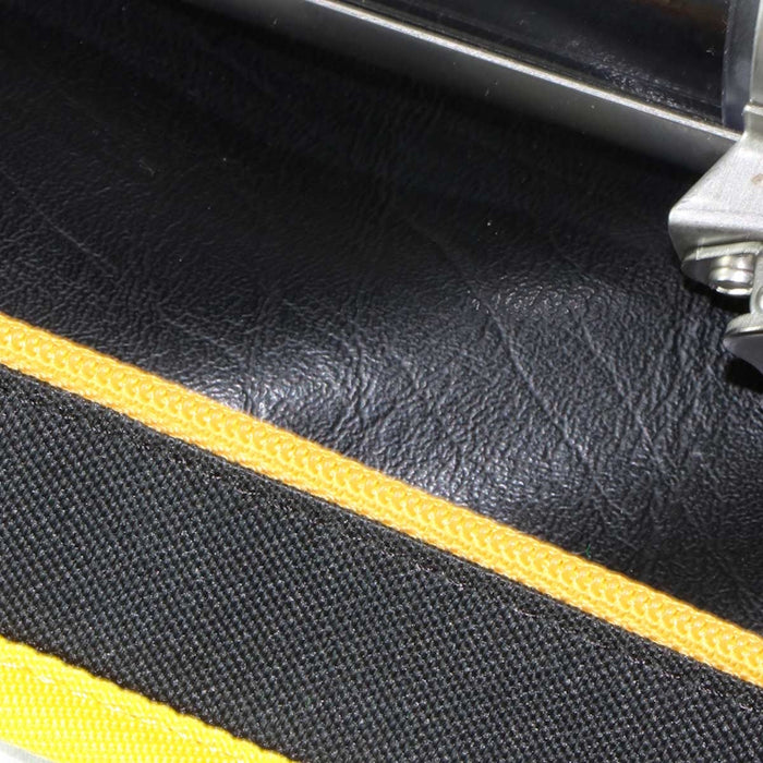 Close-up of TapeTech MudRunner padded carrying case interior with MudRunner tool and yellow nylon lining