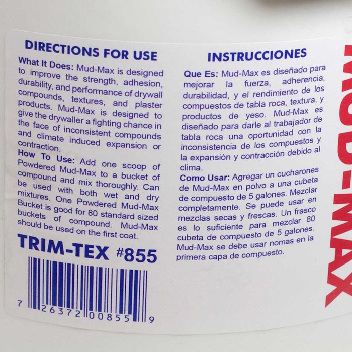 	Trim-Tex Powdered Mud-Max drywall compound additive label