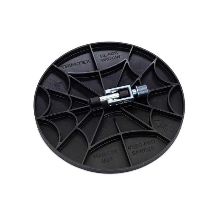Close-up of Trim-Tex Black Widow 580P 9 inch radial drywall sanding head with web design