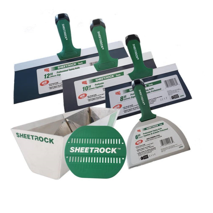 USG Sheetrock Professional Drywall Taping Knives (6,8,10,12") Set w/ 12" USG Pan & Mud Pan Grip