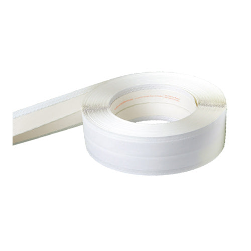 Levelline 2.75" x 100' drywall corner tape roll removed from packaging, showing full length of the roll and composite core design