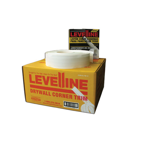 Levelline tape laid on top of its box, a roll of drywall corner tape designed for inside and outside corners