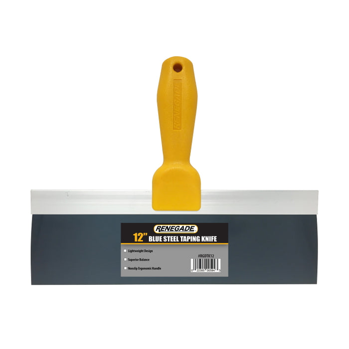 Renegade 12 inch blue steel drywall finishing knife with aluminum backing plate