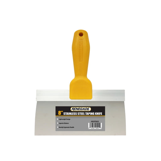Renegade 8 inch stainless steel drywall finishing knife with non-slip textured grip handle