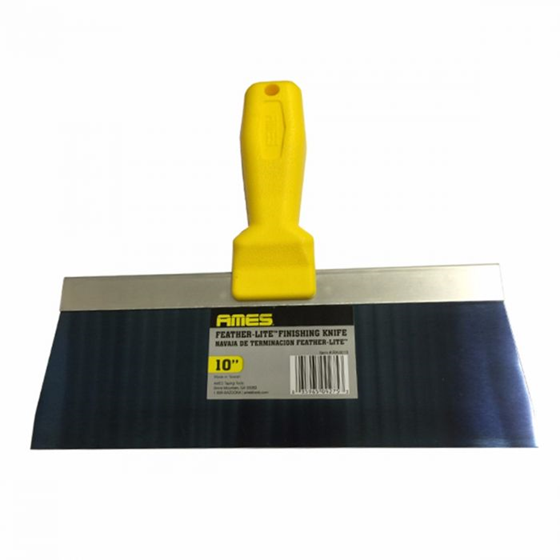Ames 10″ Feather-Lite taping knife with strong textured handle, tapered blue spring-steel blade & aluminum spine for precise drywall finishing