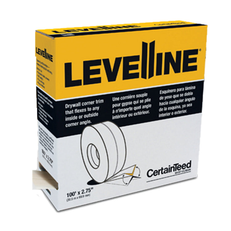 Levelline drywall corner tape roll in packaging, showing the roll-out compartment for flexible drywall corner trim