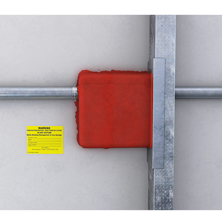 Installation diagram: Metacaulk 9×9″ firestop putty pad wrapped around outlet box for fire, smoke & sound protection